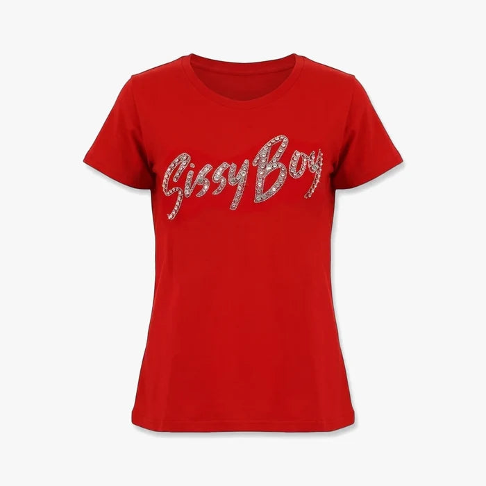 Sissy Boy women's regular fit short sleeve top in vibrant red, featuring a sparkling 'Sissy Boy' logo across the chest.