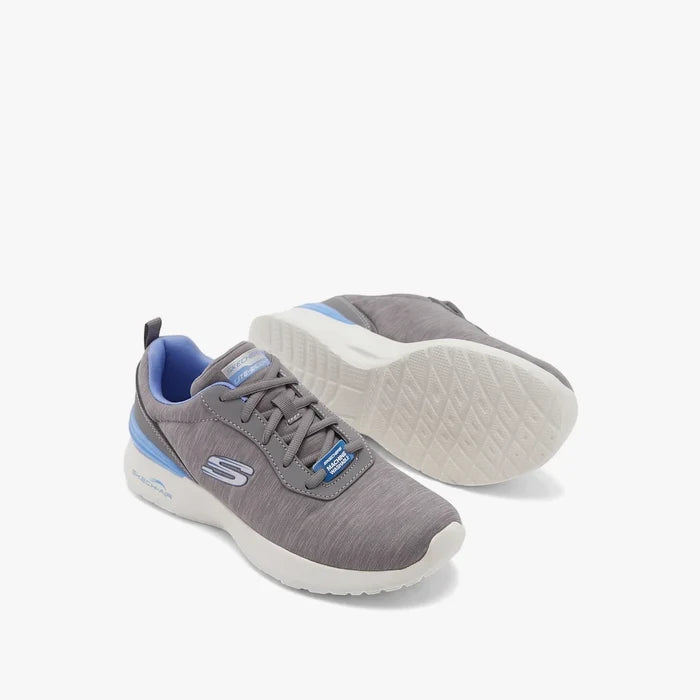 Pair of Skechers Women's Air Dynamite sneakers in gray and blue with white soles, shown from a front-side angle.
