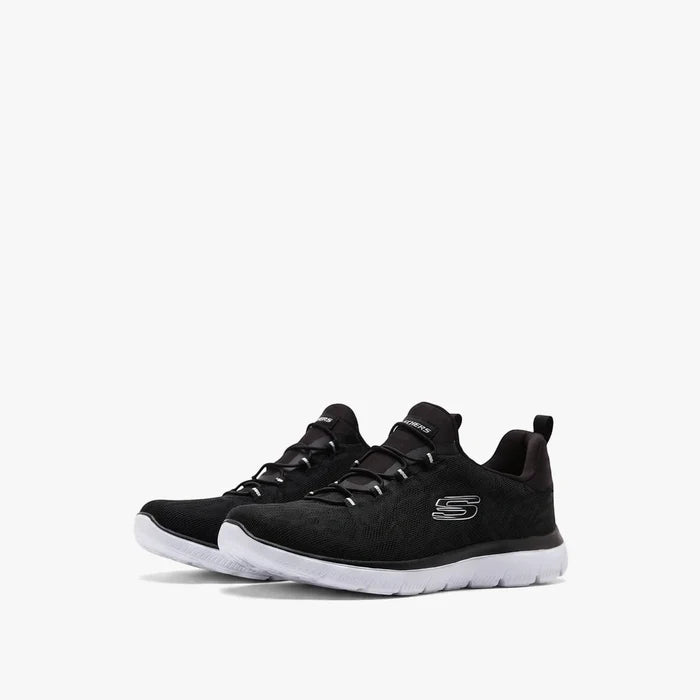 Black and white Skechers Womens Summits Lace Up Sneakers, featuring mesh uppers and a comfortable design, shown from a side