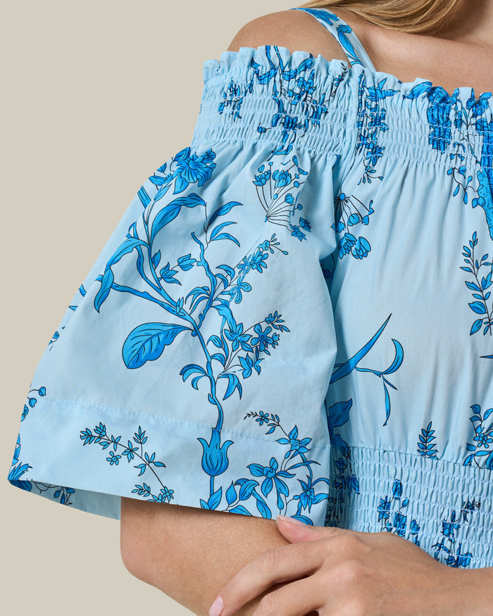 Sky Blue Botanical Off-Shoulder Midi Dress