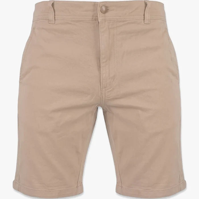 Light beige Soviet Boys Fortune Chino Shorts for kids, featuring front pockets, belt loops, and rolled hems, presented
