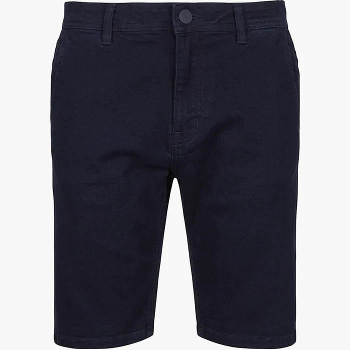 Soviet Boys Strikers Bull skinny denim shorts in dark navy blue, front view with button closure and belt loops.