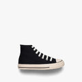 Black canvas Soviet Unisex Viper 20 Vulcanised Hi Cut Sneaker with white laces, shown from the side.