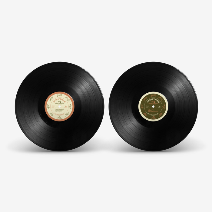 Two black vinyl records lying flat side by side on a light background, each with a different colored center label