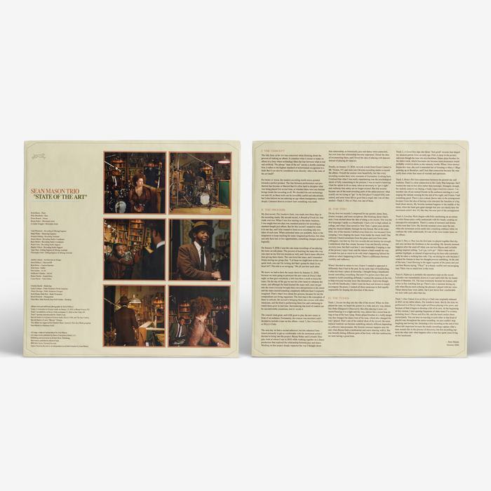 Open gatefold liner notes for the Sean Mason Trio album 'State of the Art.'