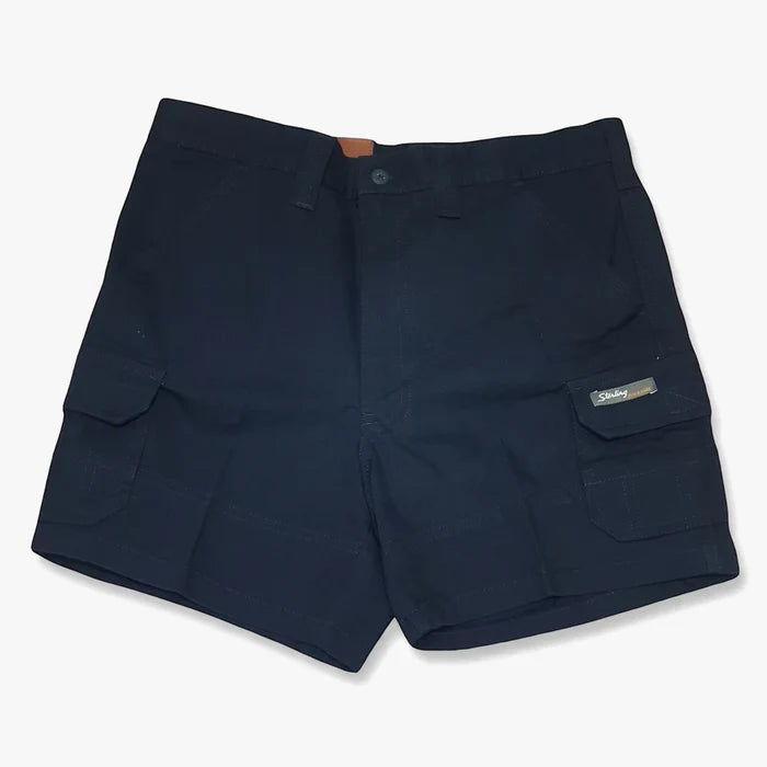 Dark navy Sterling men's cargo shorts, featuring multiple pockets, displayed laid flat on a surface.