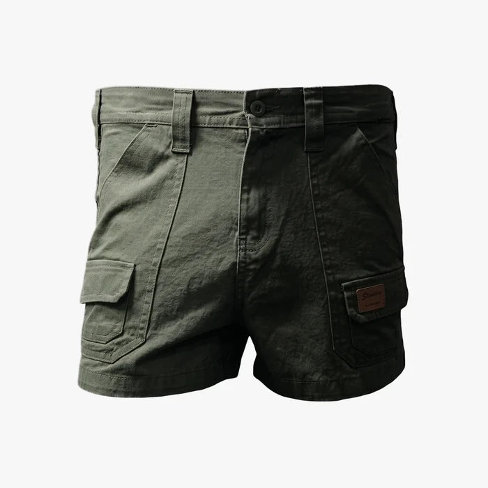 Sterling Men's Shortie Shorts in olive green, featuring cargo pockets and belt loops, displayed from a front view.