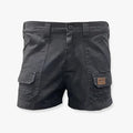 Charcoal men's Sterling Shortie cargo shorts with multiple flap pockets and a brand patch, displayed on a light background.