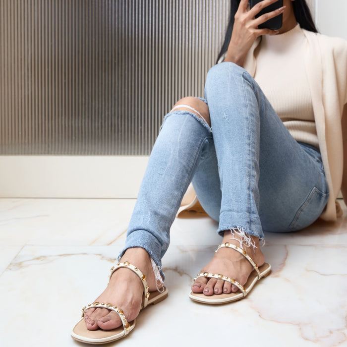 Strapped Rivet Flats- Cream