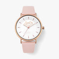 Superdry Oxford Pastel Pop Cream watch with a rose gold plated case, white dial, and a light pink leather strap.