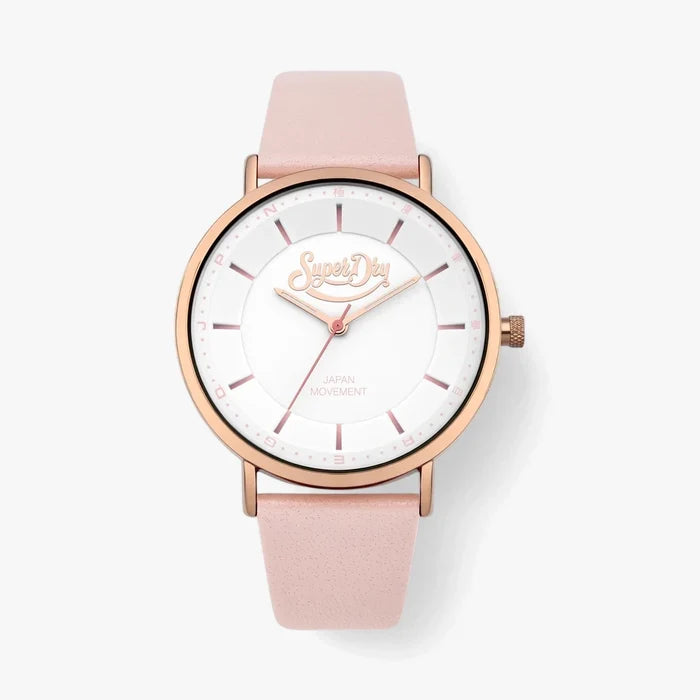 Superdry Oxford Pastel Pop Cream watch with a rose gold plated case, white dial, and a light pink leather strap.