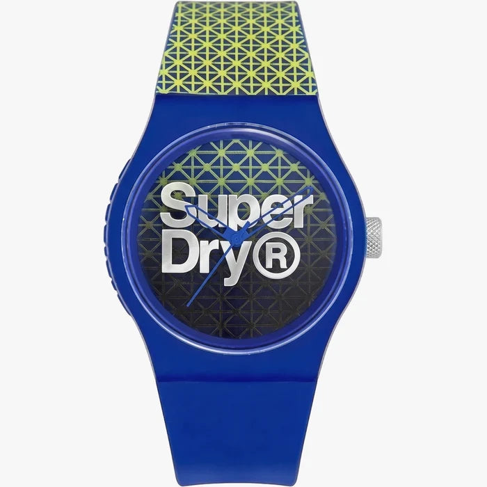 Superdry Urban Blue Silicone Strap Watch featuring a blue case, patterned watch face, and a vibrant geometric design on the