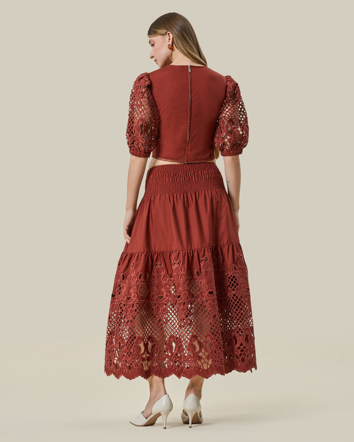 Terracotta Lattice-Sleeve Crop Top
