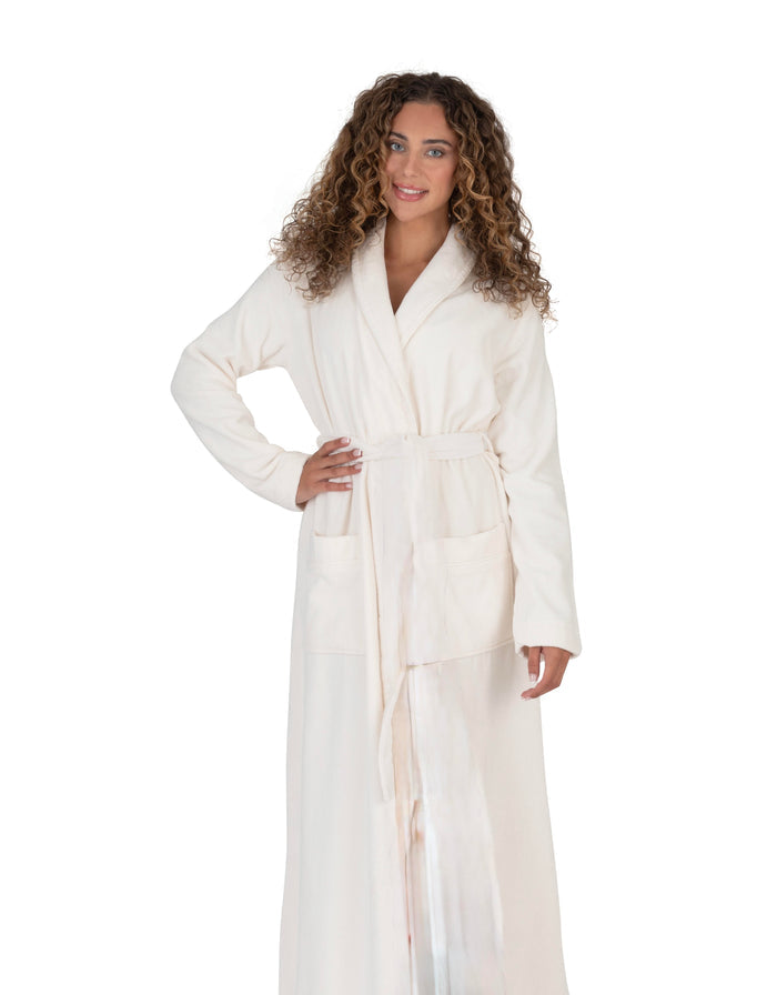 Ivory terry wrap bathrobe with shawl collar, belt tie, long sleeves, patch pockets