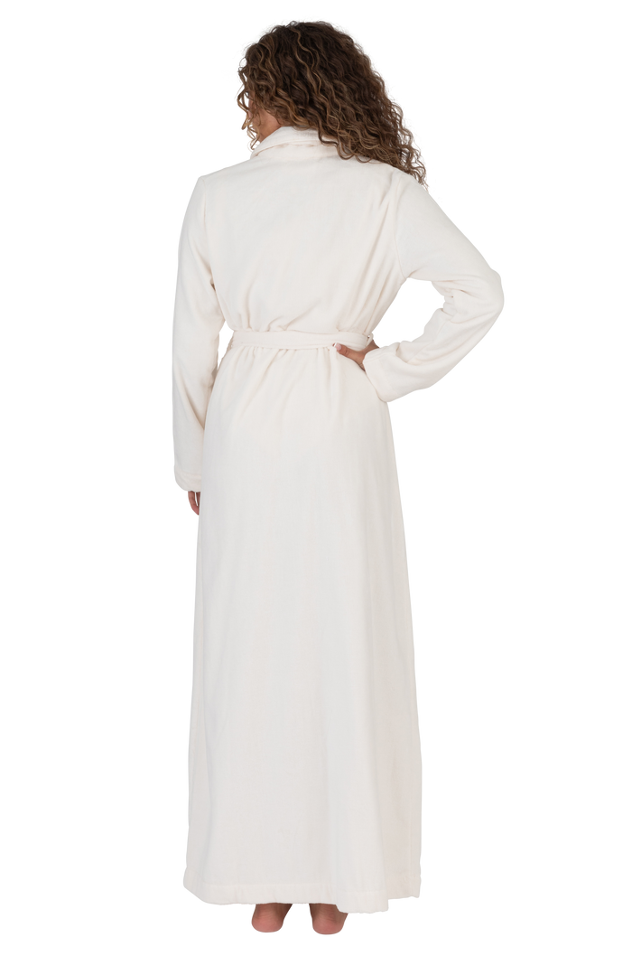 Ivory terry wrap bathrobe, back view, belt tie and long sleeves
