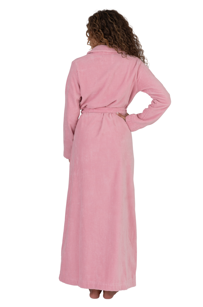 Pink terry wrap long belted bathrobe, back view