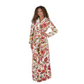 Long hooded floral wrap bathrobe with tie belt and belted waist
