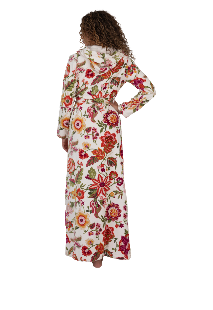 Long hooded floral wrap bathrobe with tie belt and long sleeves