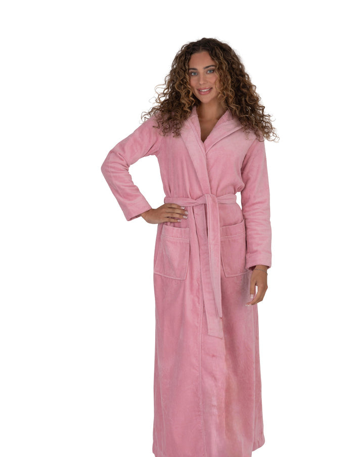 Pink long terry bathrobe with hood and tie belt, front view