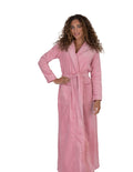 Pink long terry bathrobe with hood and tie belt, front view