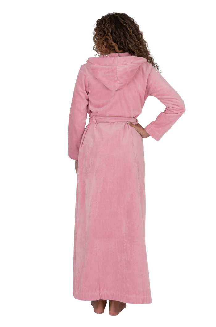 Pink long terry bathrobe with hood and tie belt, back view