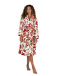 Cream floral terry wrap short bathrobe with belt, long sleeves, buttoned front