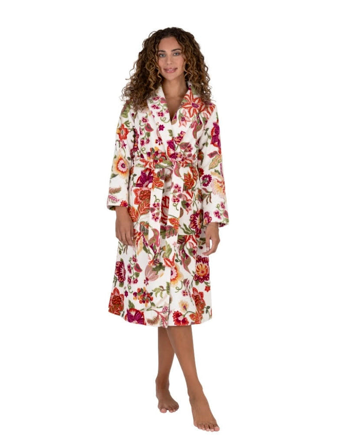 Cream floral terry wrap short bathrobe with belt, long sleeves, buttoned front