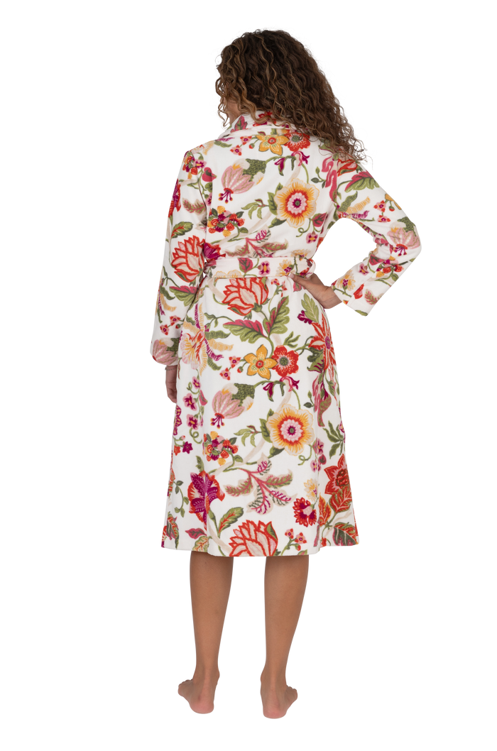 Cream floral terry wrap short bathrobe, long sleeves, belted waist, back view