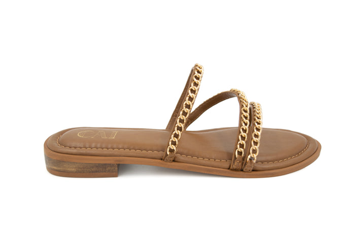 Three Strapped Tan Chained Flats
