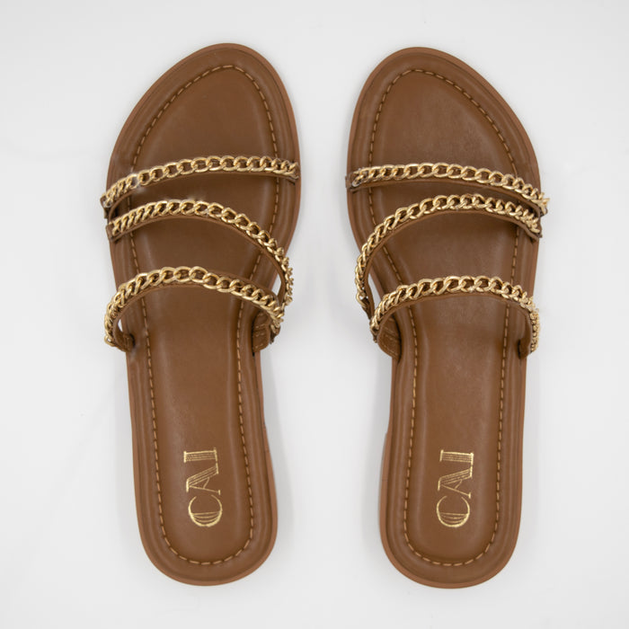 Three Strapped Tan Chained Flats