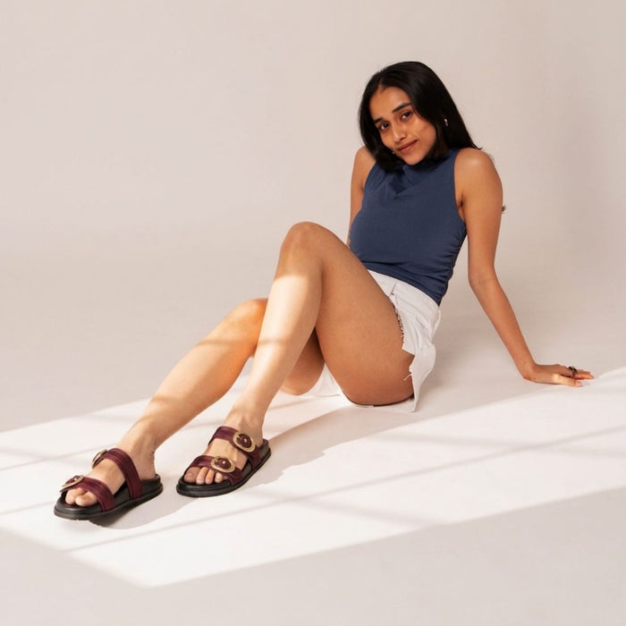 Twin Buckle Maroon Slides