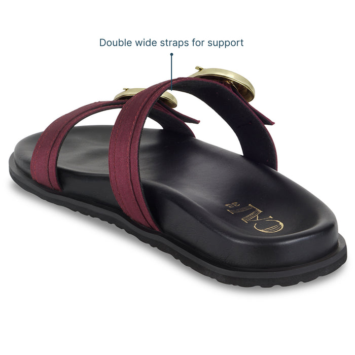 Twin Buckle Maroon Slides