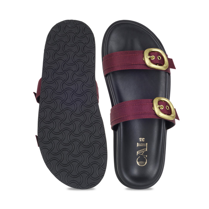 Twin Buckle Maroon Slides