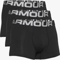Three black Under Armour Men's Charged Cotton 3-inch Boxer Jocks, 3-pack, stacked showing the branded waistbands.