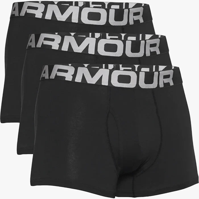 Three black Under Armour Men's Charged Cotton 3-inch Boxer Jocks, 3-pack, stacked showing the branded waistbands.