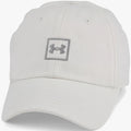 Under Armour men's washed cotton cap in white, featuring a prominent gray square logo on the front panel. Side view.