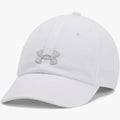White Under Armour Womens Blitzing Adjustable Cap, featuring a prominent grey logo on the front and a classic curved brim.