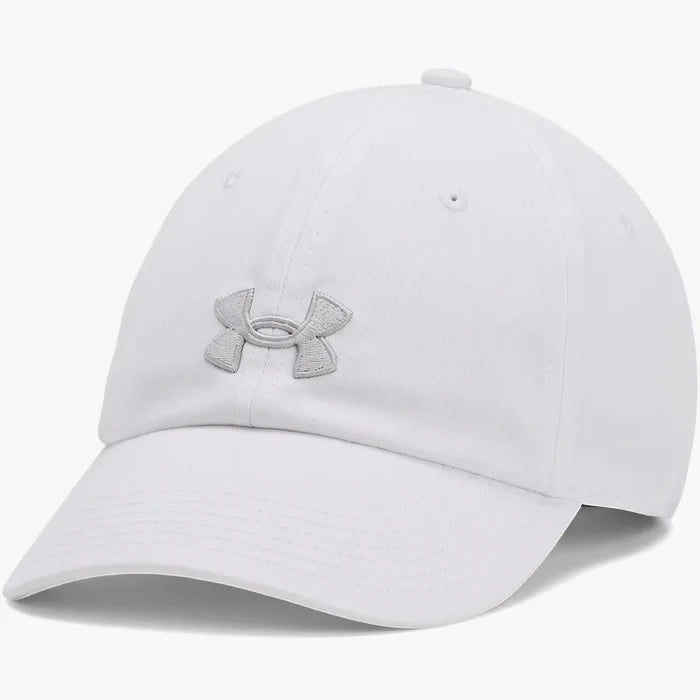 White Under Armour Womens Blitzing Adjustable Cap, featuring a prominent grey logo on the front and a classic curved brim.