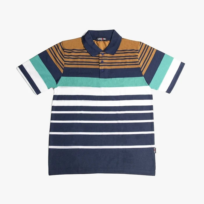Urban Life men's striped polo shirt featuring blue, bronze, teal, and white horizontal stripes, short sleeves, and a navy