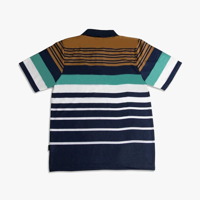 Urban Life Mens Golfer Blue Bronze Stripe polo shirt, back view, short-sleeve, featuring horizontal navy, brown, teal, and