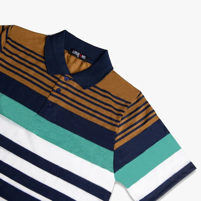 Urban Life men's golfer polo shirt featuring a distinctive blue, bronze, white, and teal stripe pattern, with a navy blue