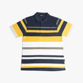 Urban Life men's short-sleeve golfer polo shirt in navy, yellow, and white horizontal stripes, presented in a flat-lay view.