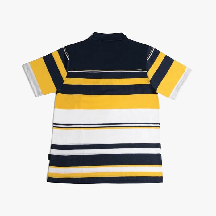 Urban Life Mens Golfer polo shirt in navy, yellow, and white stripes, shown from the back view. Features short sleeves and a
