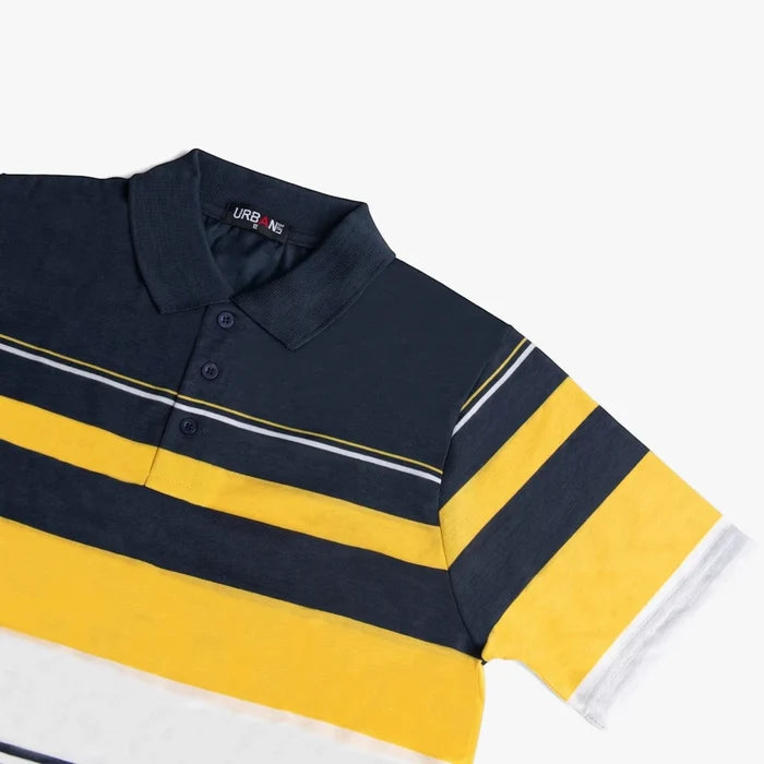 Urban Life Men's Golfer polo shirt in navy blue, yellow, and white stripes, close-up flat-lay view.