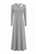 Gray long sleeve v-neck nightgown with ivory accent trim.