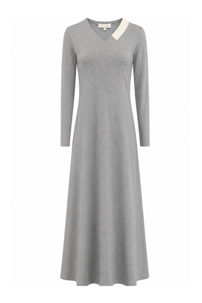 Gray long sleeve v-neck nightgown with ivory accent trim.