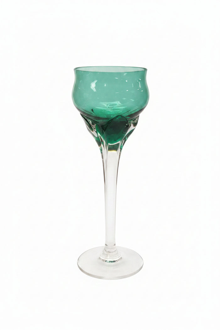 Vintage Empoli-style emerald green tulip cordial glass with clear stem