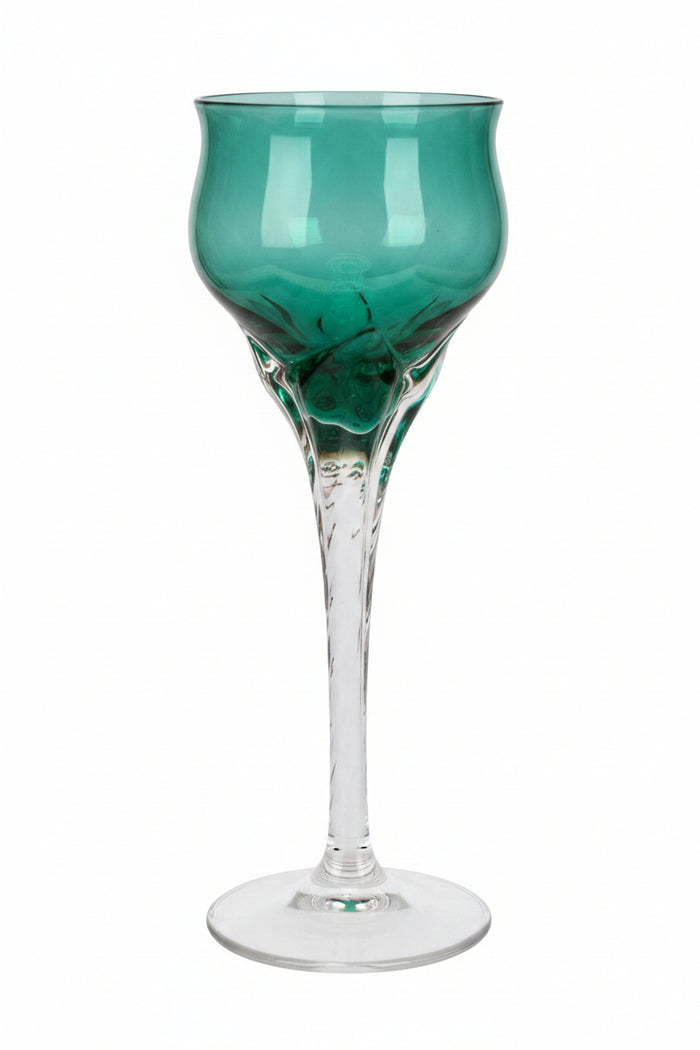 Close up Vintage Empoli-style emerald green tulip cordial glass with clear stem