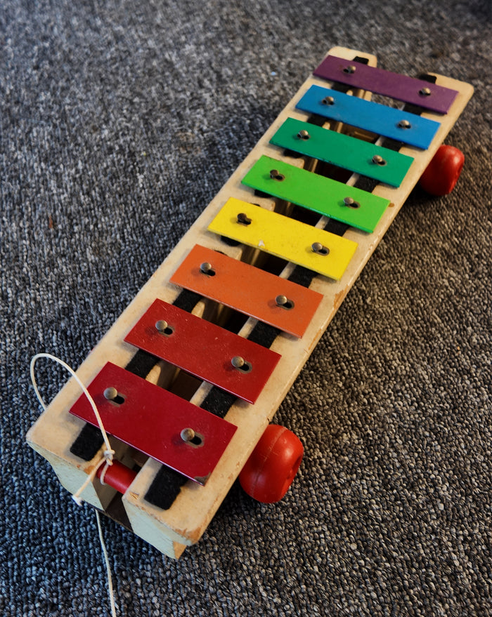 Vintage Fisher Price Pull-A-Tune Xylophone #870 Wooden Pull Toy Rainbow USA