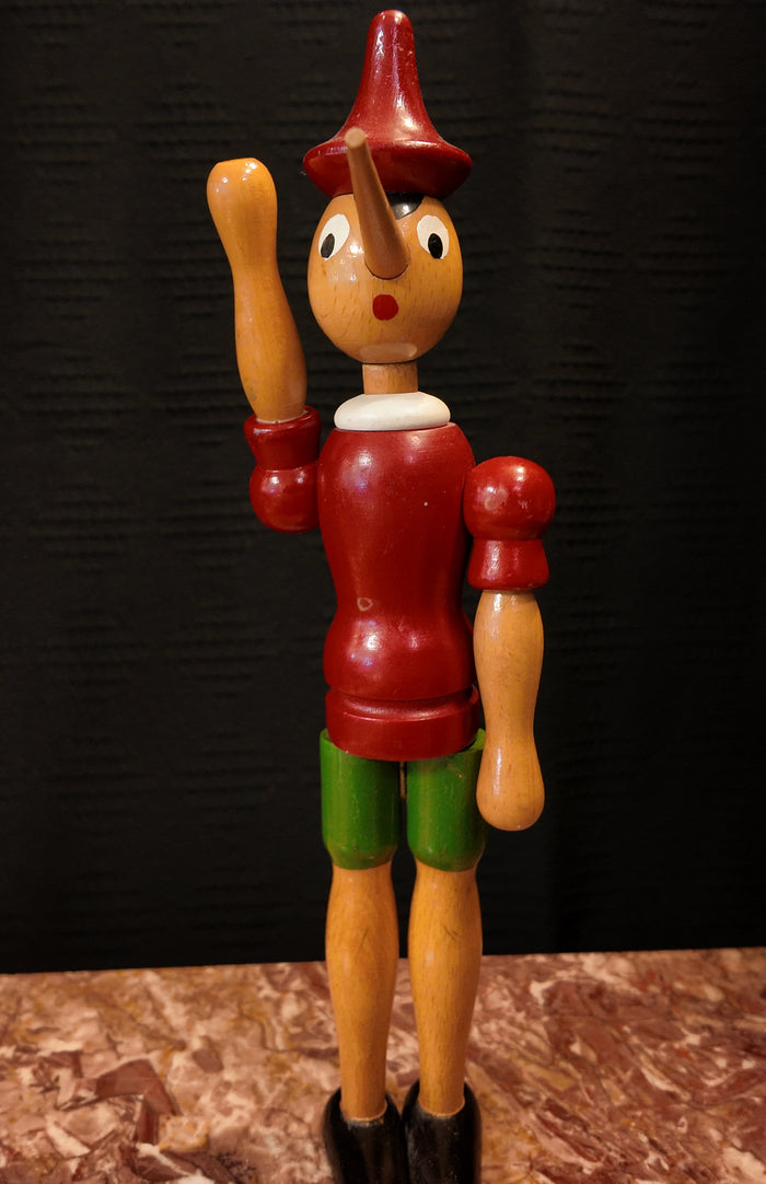 Vintage Italian Wooden Pinocchio Doll – Jointed Articulated Mid-Century Toy Figurine, Made in Italy